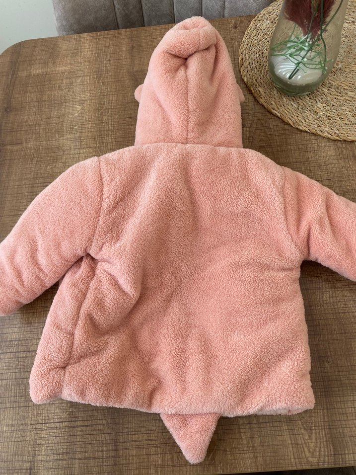 Kız Çocuk Kapüşonlu Pembe Peluş Mont - Görsel 2