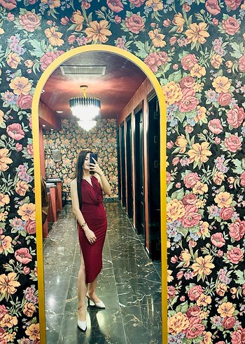 Bordo Drapeli Askılı Midi Elbise - Görsel 2