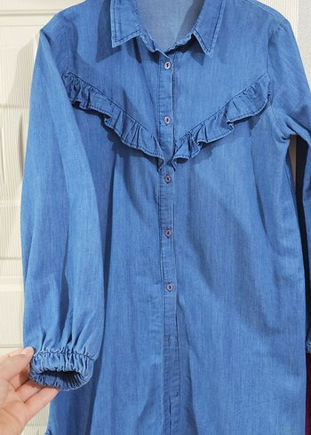 38-40 beden Fırfırlı Mavi Denim spor uzun Gömlek