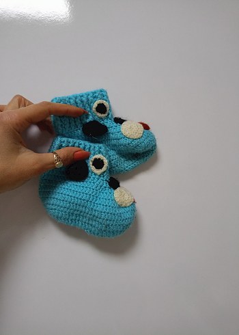 Turkuaz Nakışlı  Bebek Örgü Patik - Görsel 3