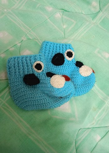 Turkuaz Nakışlı  Bebek Örgü Patik - Görsel 4