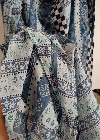 Bohem Tarzı Mavi Gri Dokulu Kadın Şal elbise pareo - Görsel 4