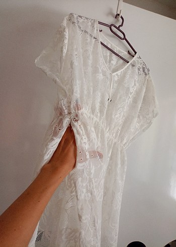 Dantel Detaylı Beyaz Bohem Midi pareo - Görsel 2
