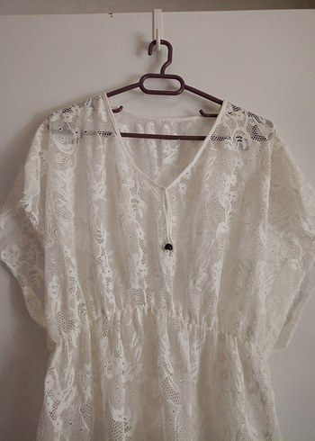 Dantel Detaylı Beyaz Bohem Midi pareo - Görsel 5