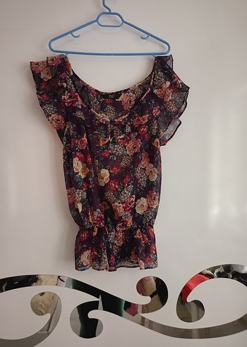 Mor Çiçekli Volanlı Straplez Mini Bluz