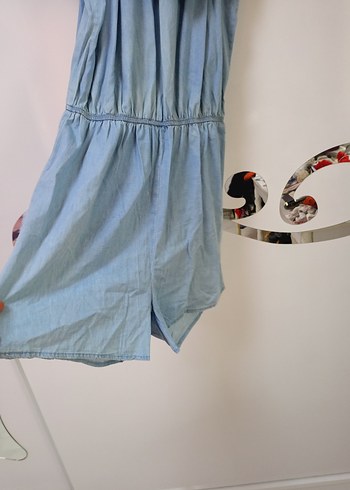Diğer Nakışlı Fırfırlı Mavi Denim Kadın Tulum