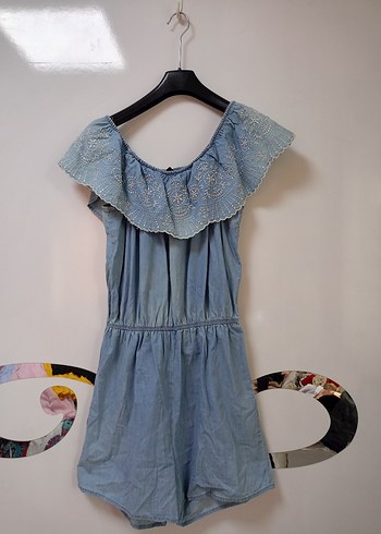 Nakışlı Fırfırlı Mavi Denim Kadın Tulum