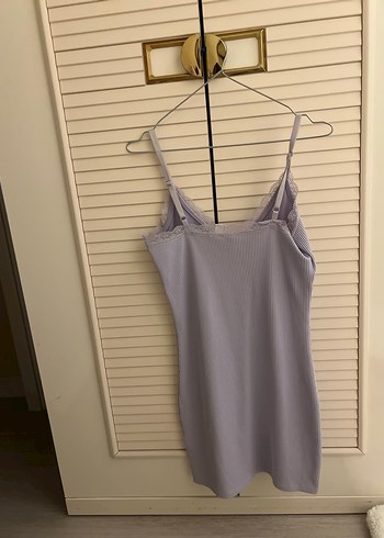 Mor  V Yaka İnce Askılı Keten Elbise - Görsel 2