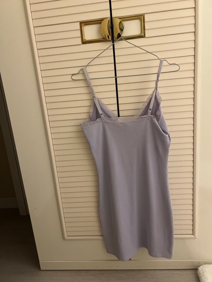 Mor  V Yaka İnce Askılı Keten Elbise - Görsel 2