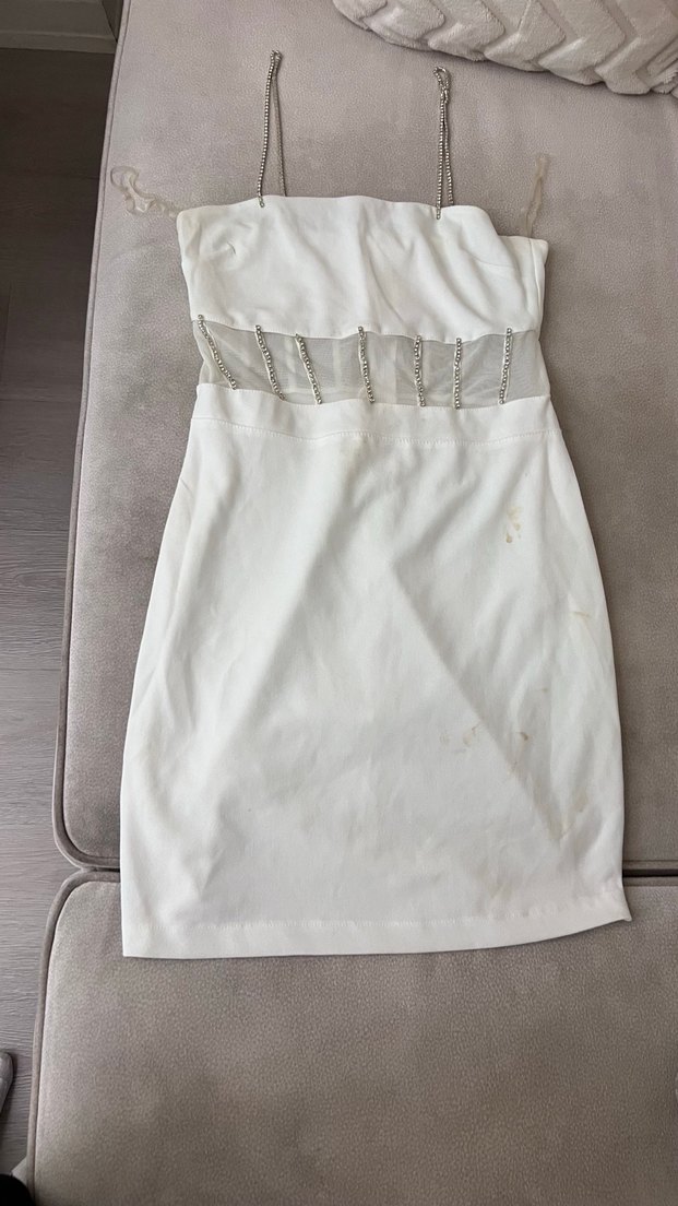 Beyaz Straplez Mini Elbise - Görsel 4