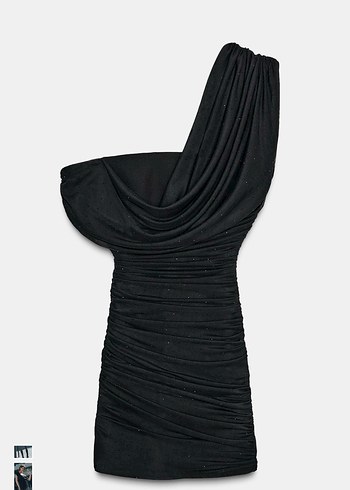 Straplez Drapeli Siyah Mini Elbise - Görsel 6