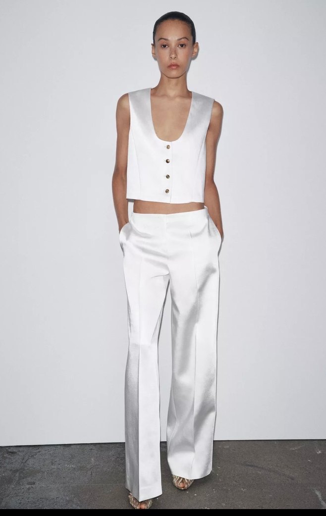 Beyaz Kadın İpek Görünümlü Geniş Paça Pantolon - Görsel 3