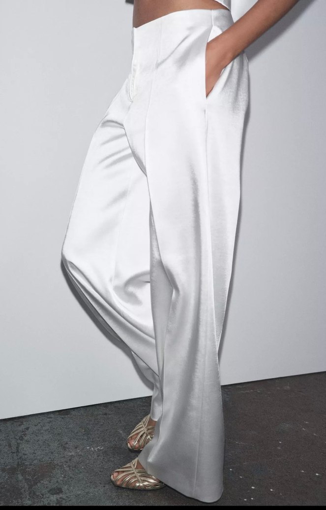 Beyaz Kadın İpek Görünümlü Geniş Paça Pantolon - Görsel 4
