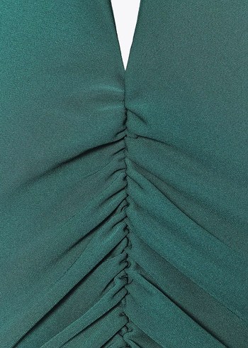 Uzun, V Yaka, Drapeli Yeşil Kadın Elbise - Görsel 7