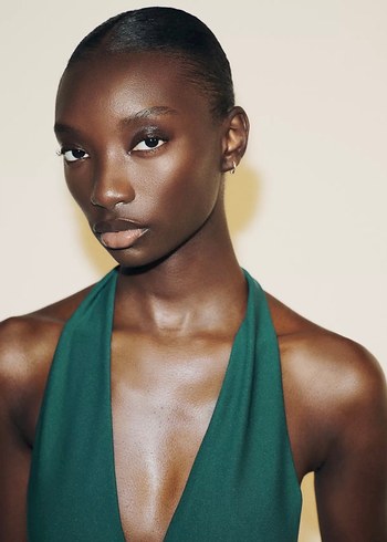 Uzun, V Yaka, Drapeli Yeşil Kadın Elbise - Görsel 3