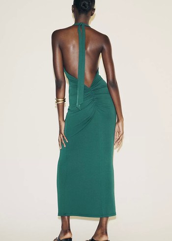 Uzun, V Yaka, Drapeli Yeşil Kadın Elbise - Görsel 4