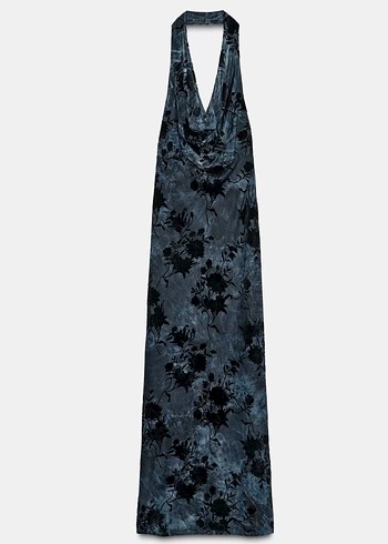 Siyah Drapeli Uzun Halter Yaka Elbise - Görsel 3