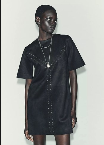 Zincir Detaylı Siyah Deri Mini Elbise - Görsel 2