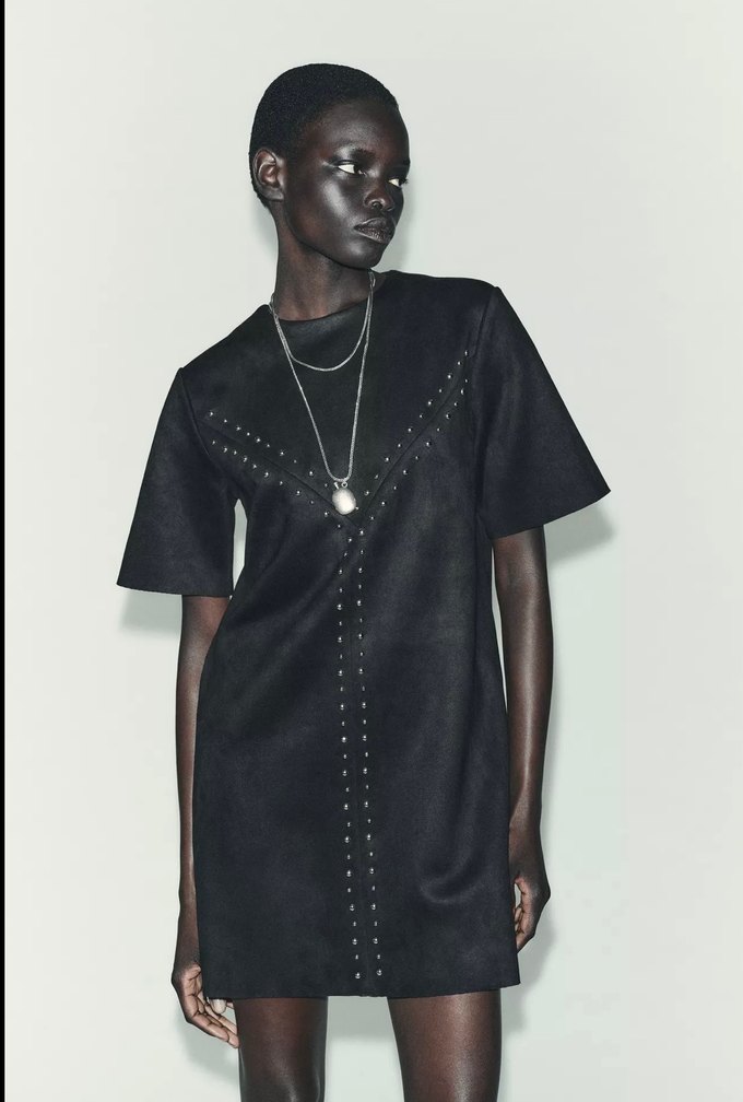 Zincir Detaylı Siyah Deri Mini Elbise - Görsel 2