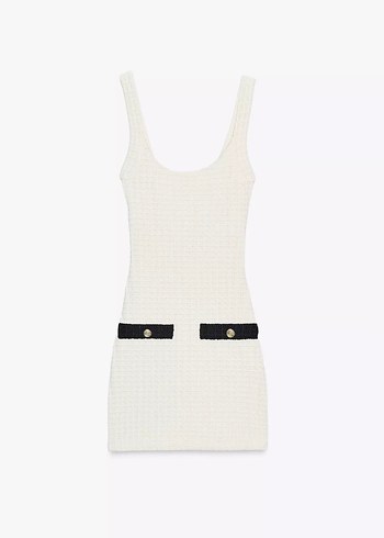 Beyaz V Yaka Kısa Triko Elbise - Görsel 3