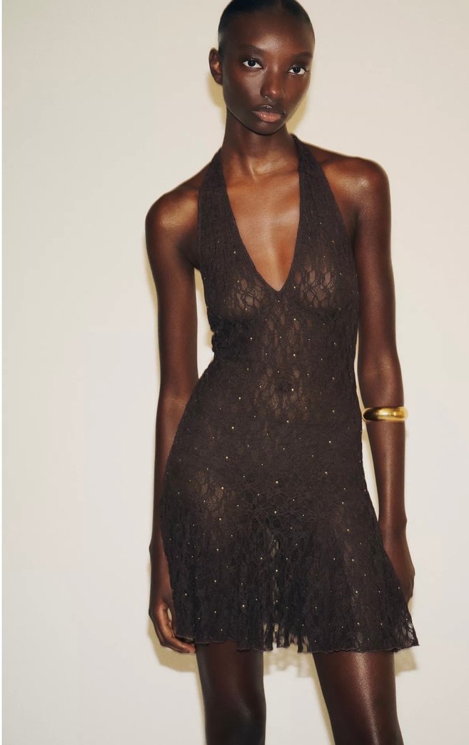 Dantel Detaylı Siyah Mini Elbise - Görsel 2