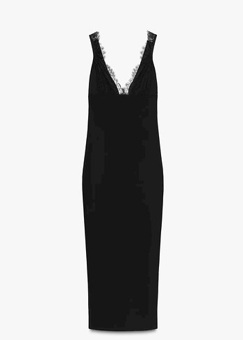 Dantel Detaylı Siyah V Yaka Gotik Kalem Elbise - Görsel 4