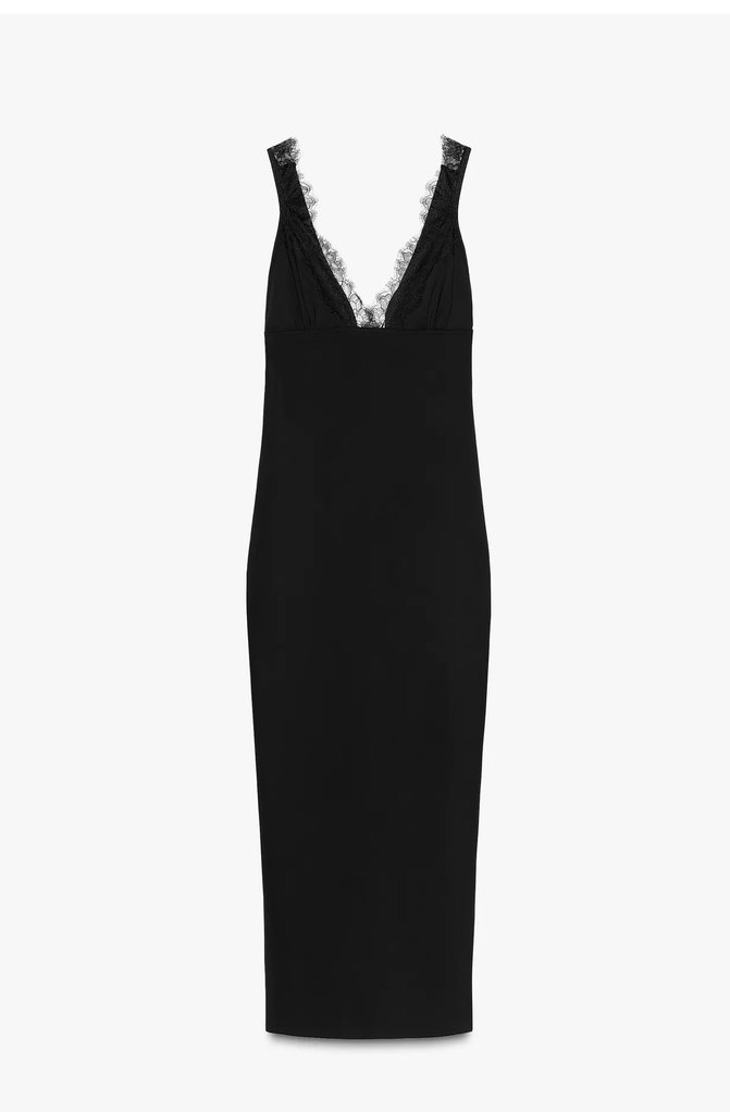 Dantel Detaylı Siyah V Yaka Gotik Kalem Elbise - Görsel 4