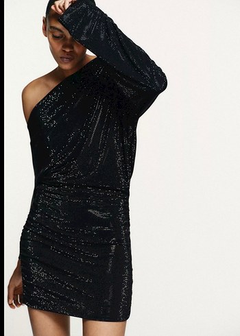 Drapeli Siyah Mini Elbise - Görsel 2