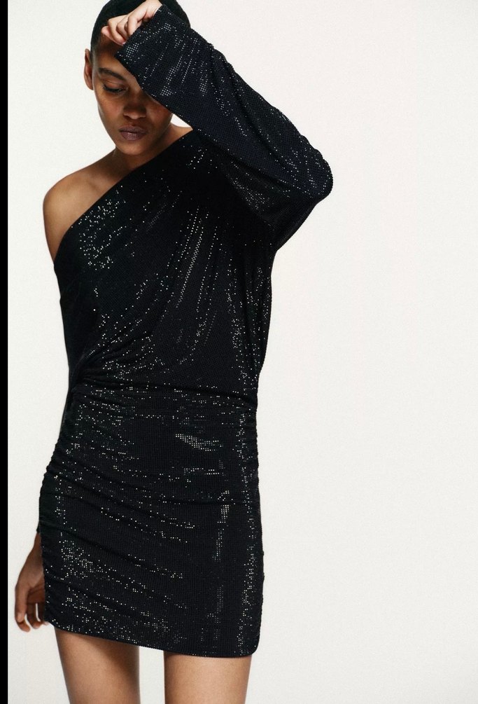 Drapeli Siyah Mini Elbise - Görsel 2