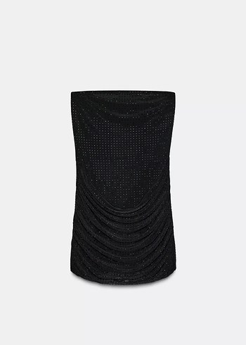 Siyah Straplez Drapeli Mini Deri Elbise - Görsel 4