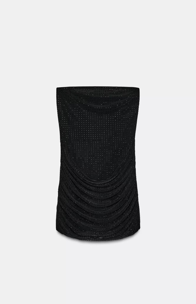 Siyah Straplez Drapeli Mini Deri Elbise - Görsel 4