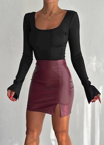 Suni Deri Bordo Yırtmaçlı Mini Etek - Görsel 3