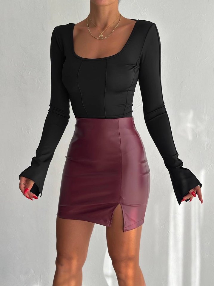 Suni Deri Bordo Yırtmaçlı Mini Etek - Görsel 3