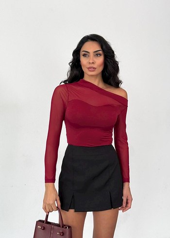 Bordo Tül Detaylı Uzun Kollu Bluz - Görsel 6