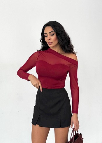 Bordo Tül Detaylı Uzun Kollu Bluz - Görsel 5