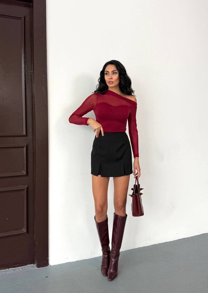 Bordo Tül Detaylı Uzun Kollu Bluz - Görsel 2