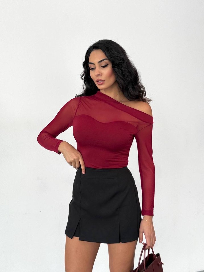 Bordo Tül Detaylı Uzun Kollu Bluz - Görsel 5