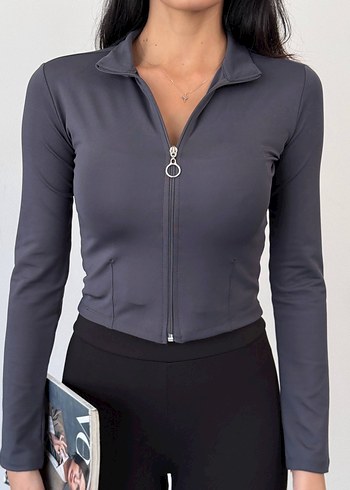 Antrasit Fermuarlı Dik Yaka Parmak Geçmeli Uzun Kollu Mini Ceket - Görsel 5