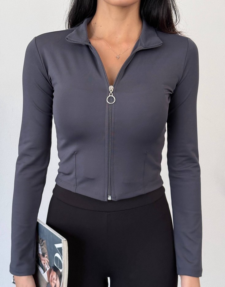 Antrasit Fermuarlı Dik Yaka Parmak Geçmeli Uzun Kollu Mini Ceket - Görsel 5