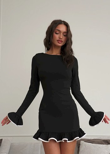 Siyahi Uzun Kollu Biye Ve Volan Detaylı Elbise - Görsel 3