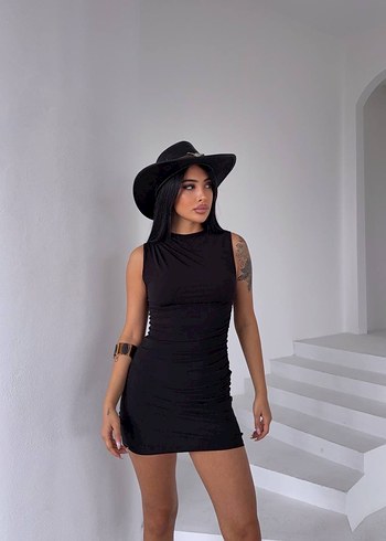 Kadın Siyah Drapeli Mini Elbise - Görsel 6