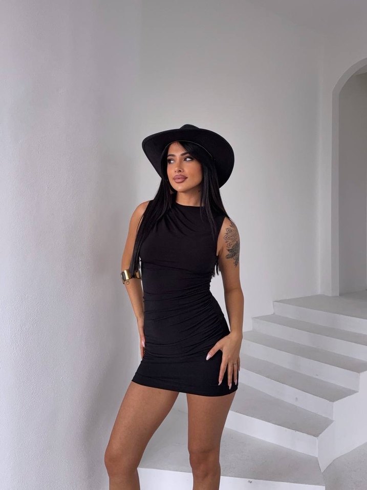 Kadın Siyah Drapeli Mini Elbise - Görsel 4