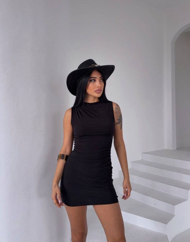 Kadın Siyah Drapeli Mini Elbise - Görsel 3