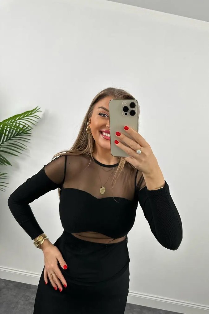 Lüks Kalite Transparan Detaylı Tüllü Likralı Bluz - Görsel 4