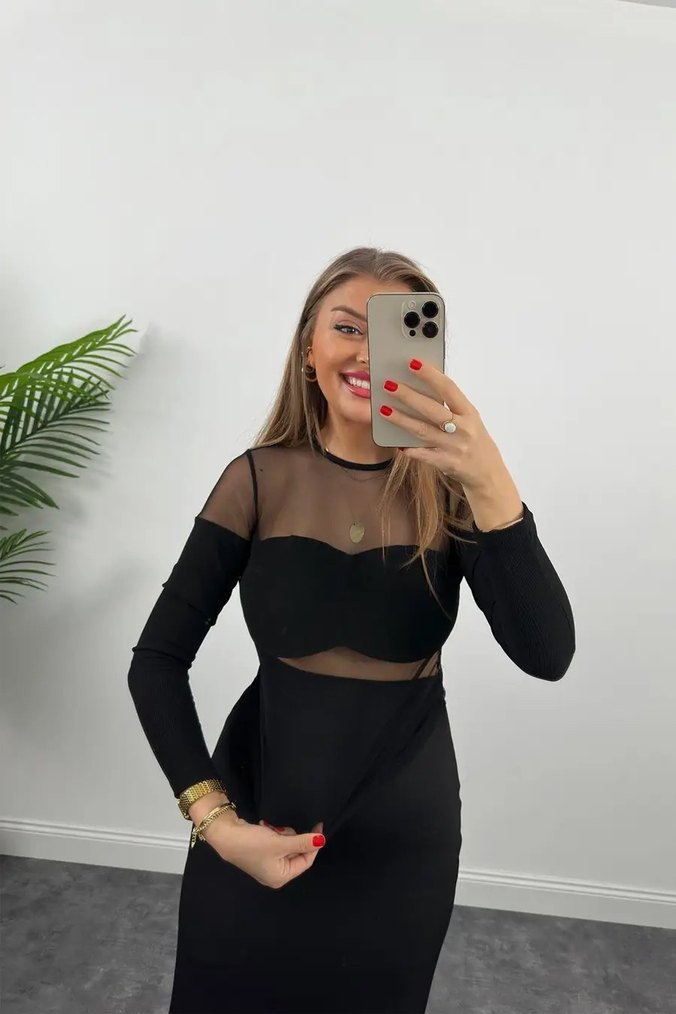 Lüks Kalite Transparan Detaylı Tüllü Likralı Bluz - Görsel 2