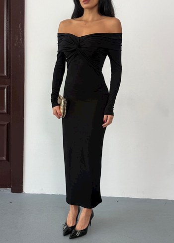 Kadın Siyah Madonna Yaka Düğüm Detaylı Uzun Kollu Elbise - Görsel 3