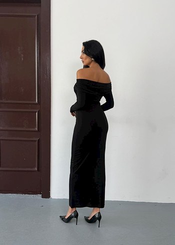 Kadın Siyah Madonna Yaka Düğüm Detaylı Uzun Kollu Elbise - Görsel 4