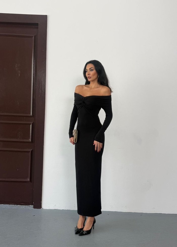 Kadın Siyah Madonna Yaka Düğüm Detaylı Uzun Kollu Elbise - Görsel 2