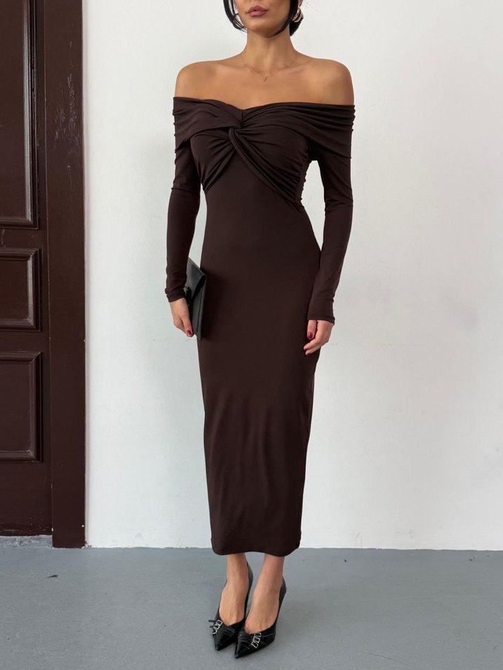 Kadın Kahverengi Madonna Yaka Düğüm Detaylı Uzun Kollu Elbise - Görsel 2