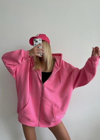 Kadın Pembe Kapüşonlu Fermuarlı 3 İplik Sweatshirt - Görsel 3